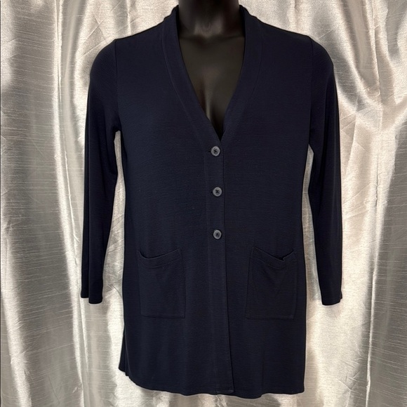 J. Jill Wearever Collection Petite S Navy Ribbed Button Up Long Sleeve Cardigan - Picture 1 of 9
